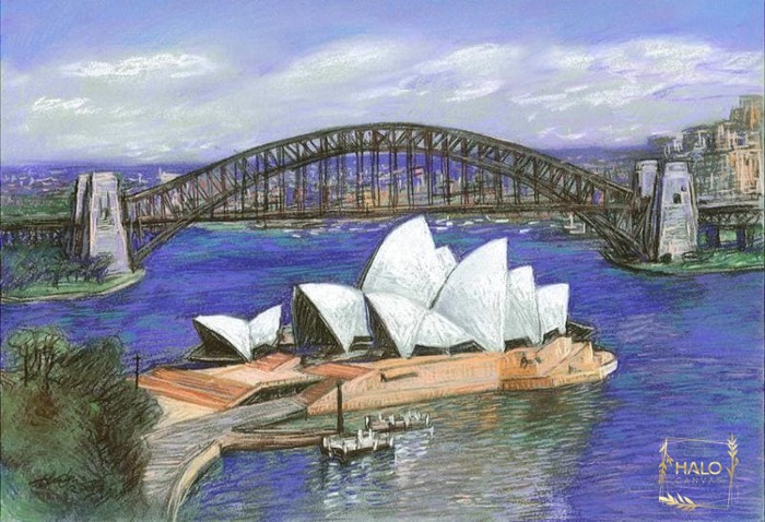 Tranh sơn dầu về nhà hát Opera Sydney bên bờ biển