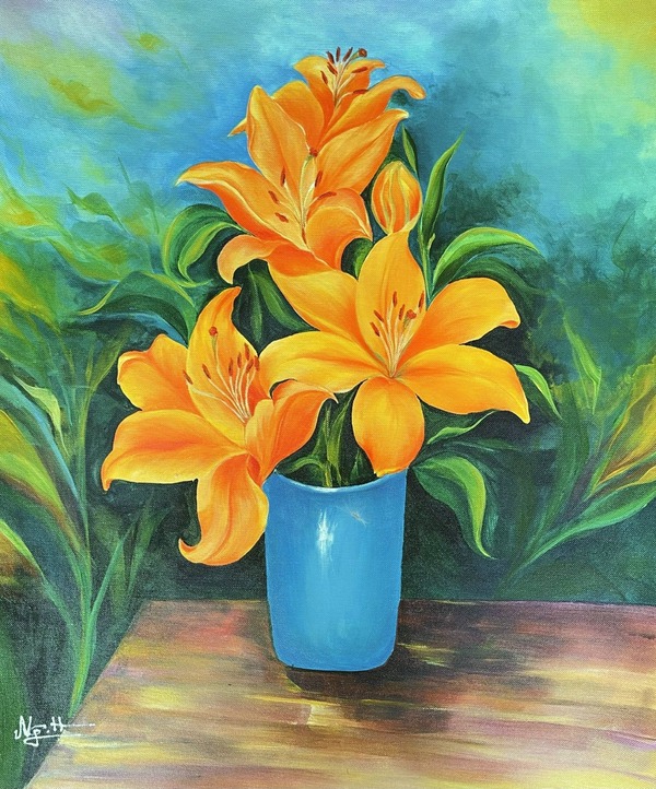 Mẫu tranh sơn dầu tĩnh vật hoa ly vàng