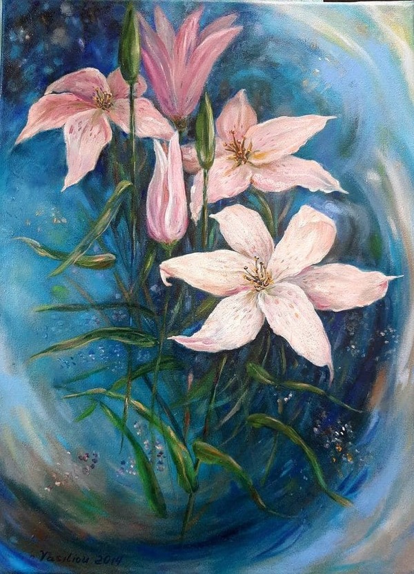 Mẫu tranh sơn dầu hoa ly hồng phai
