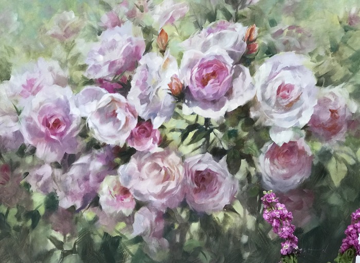 Mẫu tranh vườn hoa hồng tím phai