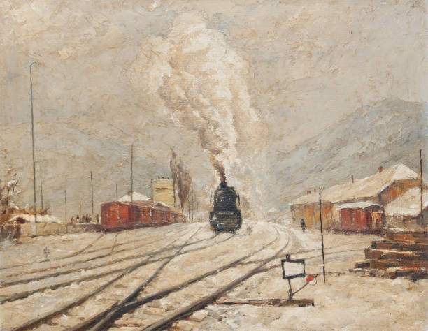 Mẫu tranh sơn dầu đoàn tàu rời ga mùa đông