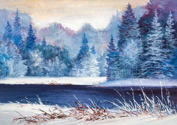 Mẫu tranh "Dòng sông bên cánh rừng thông đa sắc mùa đông"