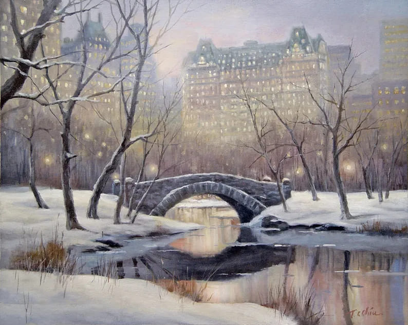 Mẫu tranh sơn dầu phong cảnh mùa đông thành phố 