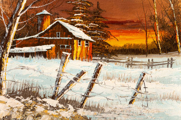 Mẫu tranh sơn dầu "Căn nhà gỗ những ngày cuối đông"