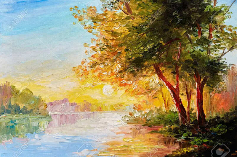 Mẫu tranh sơn dầu phong cảnh "Bình minh trên cánh rừng mùa xuân"
