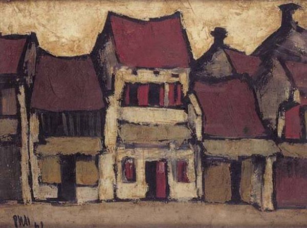 Khung cảnh phố cổ đặc trưng trong tranh sơn dầu với ngồi nhà ống mái ngói đỏ