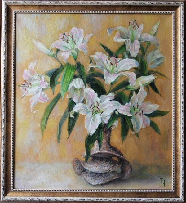Mẫu khung tranh tĩnh vật hoa ly trắng vẽ sơn dầu