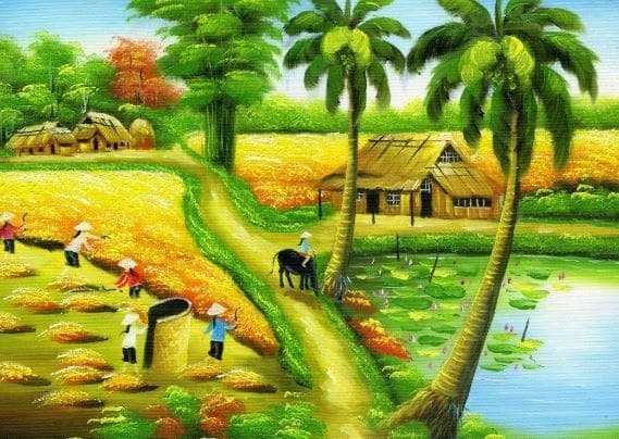 Mẫu tranh thu hoạch lúa ở làng quê