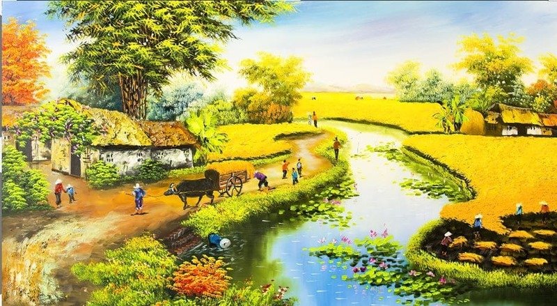 Mẫu tranh làng quê mùa gặt
