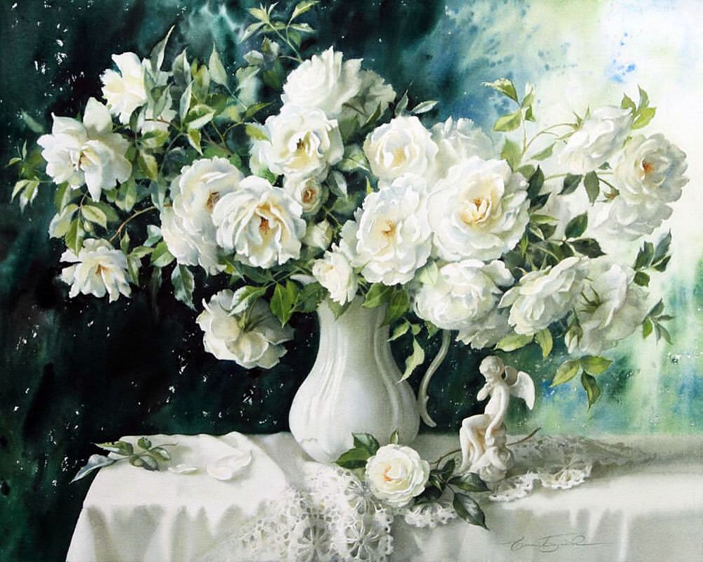 Tranh hoa hồng trắng