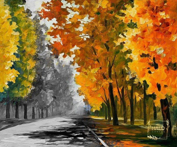 Mẫu tranh hàng cây bên đường thay lá mùa thu