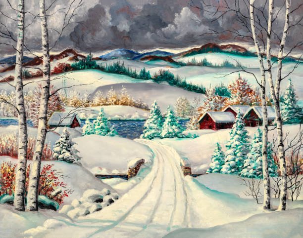 Mẫu tranh sơn dầu "Làng quê vào đông giữa những ngày Noel"