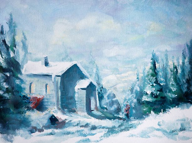 Mẫu tranh sơn dầu "Ngôi nhà đóng băng giữa trời đông"