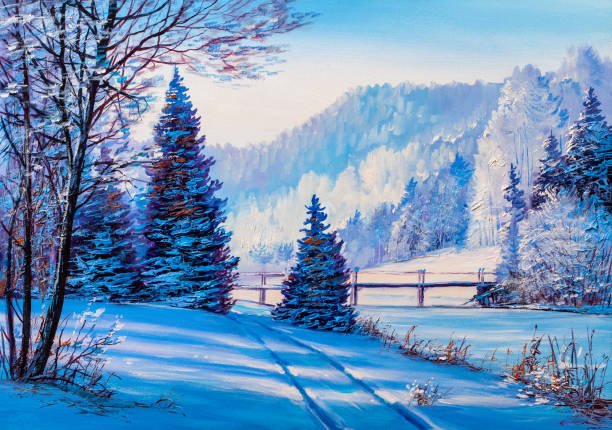 Mẫu tranh sơn dầu "Cảnh khu rừng và cây cầu vào mùa đông"